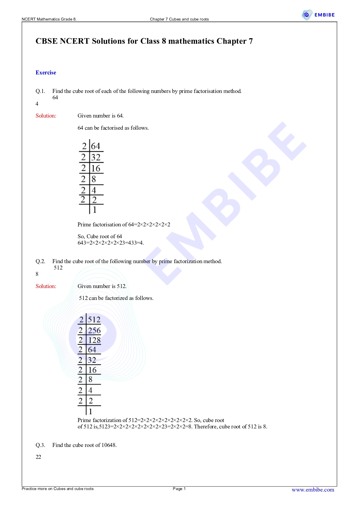 NCERT Solutions for Cube and Cube Roots Exercise 7.2 Class 8 Maths 1